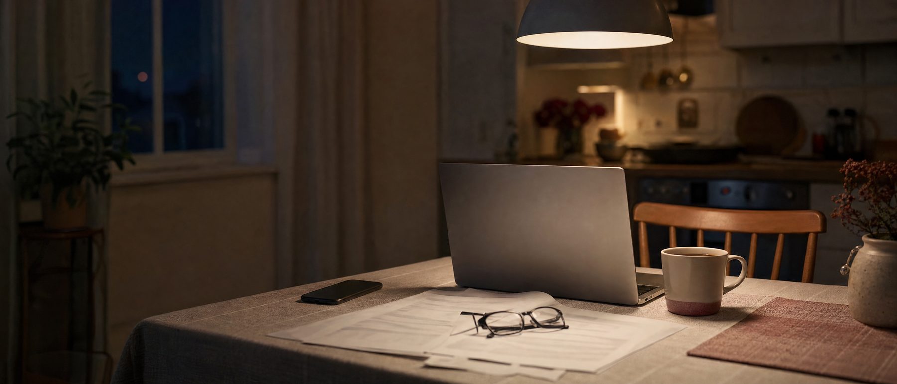 Reading glasses on printed nursing home inspection pages beside a laptop on a kitchen table at night